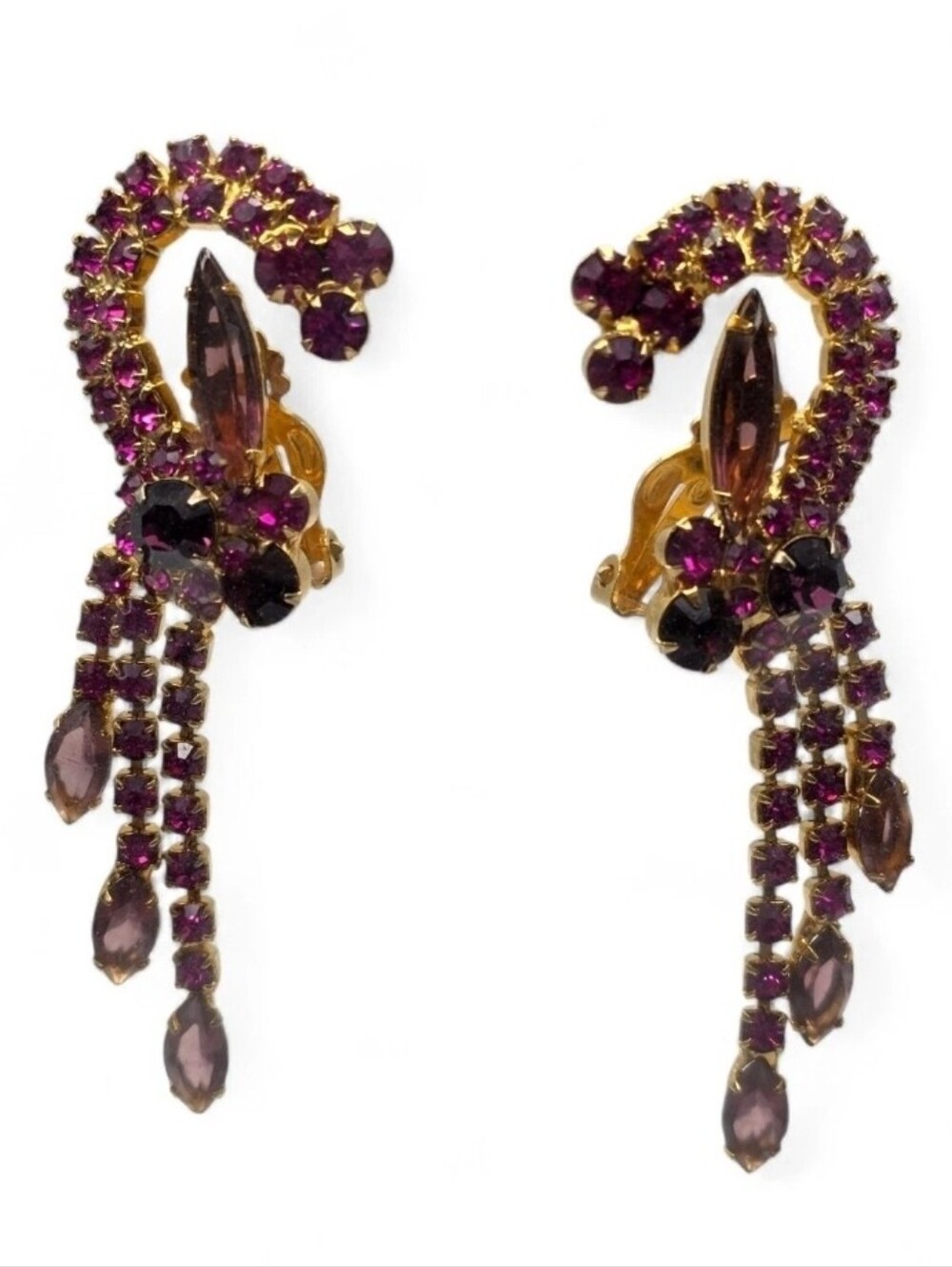 Vintage Juliana Delizza Elster Earrings Purple Pink Dangle Waterfall Clip On